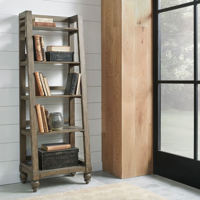Liberty Furniture Americana Farmhouse Leaning Pier Bookcase in Dusty Taupe