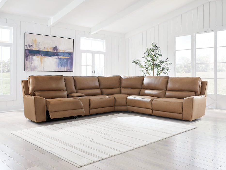 DeepWakes Reclining Sectional with Storage Console - Furniture Warehouse Direct (Victoria, TX)
