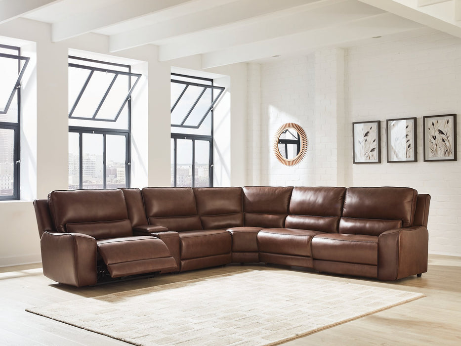 DeepWakes Reclining Sectional with Storage Console - Furniture Warehouse Direct (Victoria, TX)