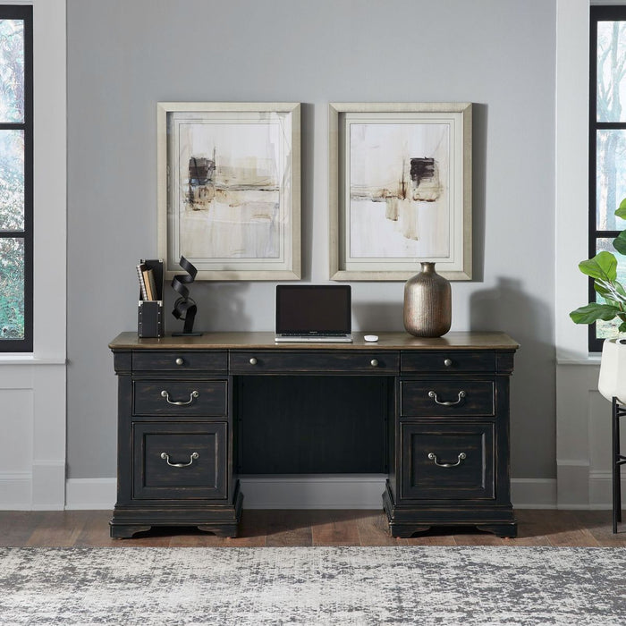 Liberty Furniture Meritage Credenza & Hutch in Aged Charcoal w/ Rub Thru/Caramel