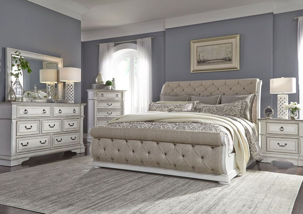 Liberty Furniture Abbey Park Upholstered California King Sleigh Bed in Antique White EST SHIP TIME APPX 4 WEEKS